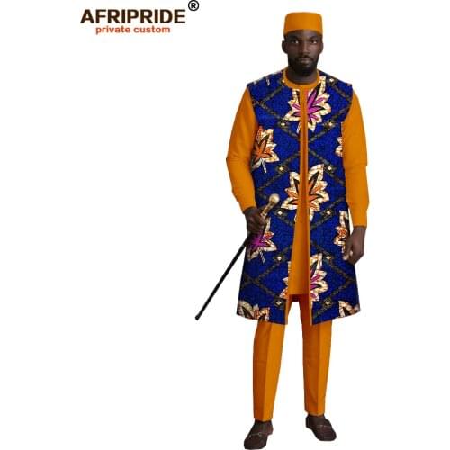 African Men Clothing 4 Piece Tracksuit Print Coats Dashiki Shirts Ankara Pants Hat Tradition Outfits AFRIPRIDE A2016004