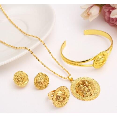 Bangrui 24k New Gold Color Bride Wedding Big Pendant Necklace Bangle Earring Ring Africa Eritrea Habesha Ethiopia Set