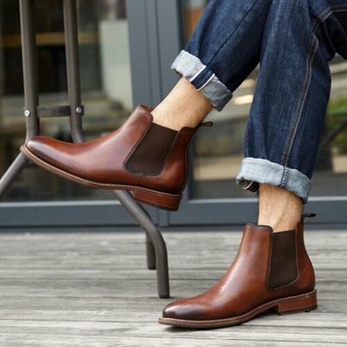 Handmade Men Winter Boots Genuine Cow Leather Chelsea Boots Brogue Formal Business Ankle Flat Shoes Quality Slip on Dress Boots