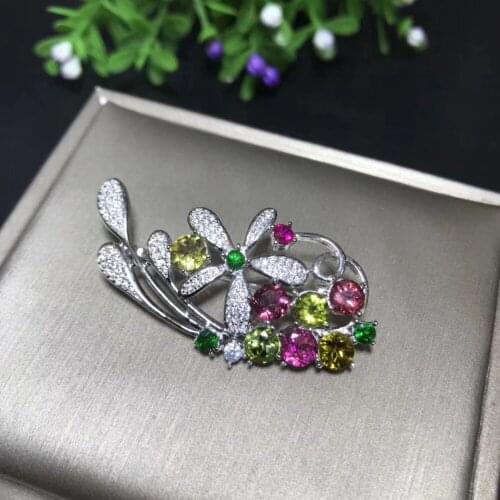 Natural Multicolor tourmaline Elegant Sweet clusters brooch Pendant natural gemstone brooch S925 silver women girl gift jewelry