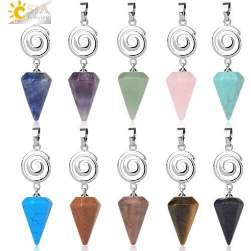 CSJA Healing Natural Pendants Quartz Cone Spiral Crystal Pendant for Necklace Jewelry Making Silver Color OM Charms Chakra G761