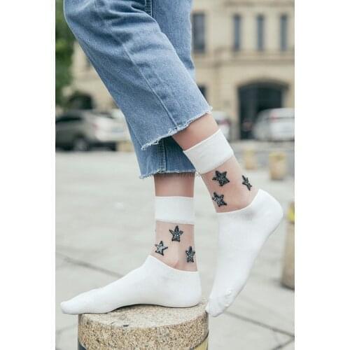 DHL 200pair Women Shiny Silver Stars Transparent Glass Socks Girls Spring Autumn Fashion Socks