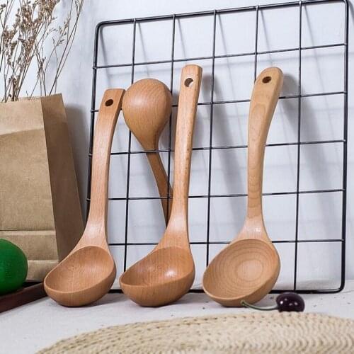Beech wood long soup spoon with straight handle