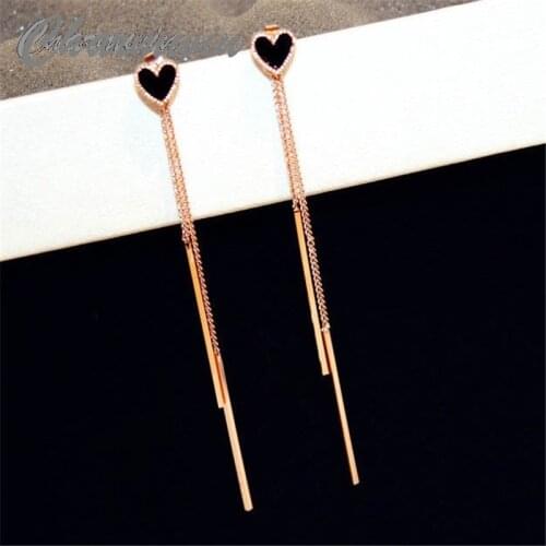 Charmwin Black Heart Shaped Long Tassel Dangle Earrings For Women New Fashion Rose Gold Color Chain Long Earrings PE1460
