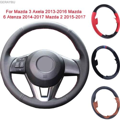 GERAYBU Custom DIY Black Leather Hand-sewn Car Steering Wheel Cover For Mazda 3 Axela 2013-2016 Mazda 6 Atenza 2014-2017 Mazda 2