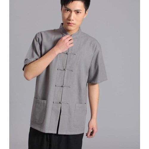Cotton coarse cloth mens Tang suit short-sleeve Chinese mens shirt bottoming shirts Hanfu all-match chemise homme with pockets