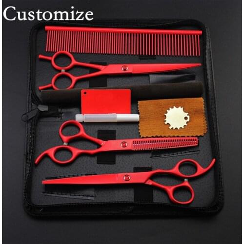 Customize 4 kit Upscale japan red Pet 7 inch shears dog grooming hair scissors thinning cutting barber bag hairdressing scissors