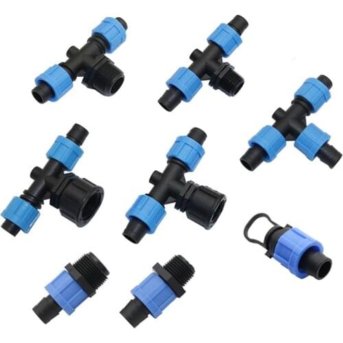 2Pcs 16mm Drip Tape Straight Tee Type Connectors With Locked 1/2" 3/4" Thread DN17 Pipe Water Connectors Garden Irrigation Tools