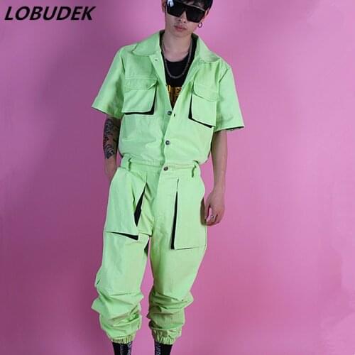 2019 Light Green Overalls Jumpsuit Tide Fashion Loose Cargo Pants Nightclub Bar Male Singer Jazz Rock HIP HOP Show Dance Costume