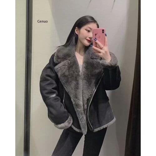 Autumn Winter Female Fashion Round Neck with Edge Stitching Zipper Loose Warm Lapel Fur Jacket Suede Lamb Coat Black Overcoat