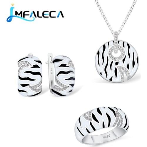 LMFALECA Fine 925 Sterling Jewelry Sets Classic Black White Enamel Mysterious Pattern Clip Earrings Ring Necklace Fine Jewelry
