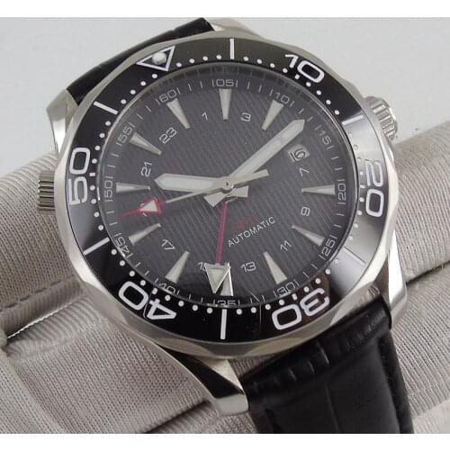 41mm Black Dial Self Winding Mens Watch Automatic Ceramic Bezel GMT Mechanical Sapphire Glass Leather Strap Date Window