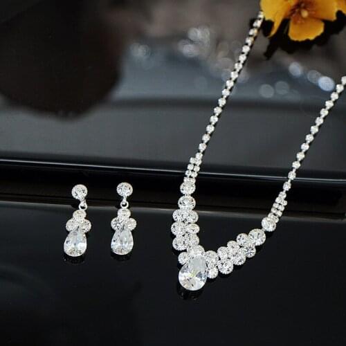 Cute Female Crystal Water Drop Jewelry Set Charm Silver Color Dangle Earrings For Women Boho White Zircon Wedding Chain Necklace