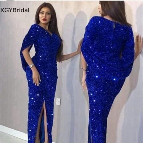 New Arrival V Neck Royal Blue evening dresses 2021 Half sleeve Sequined Lace evening gown for women Dubai moroccan kaftan