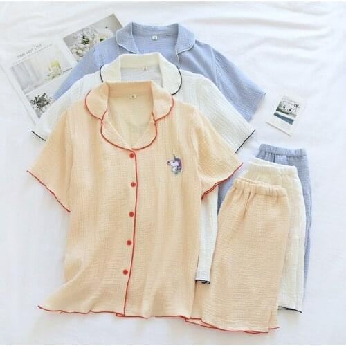 Summer New Style Cotton Gauze Short-sleeved Shorts Casual Pajamas Suit Ladies Cute Korean Thin Pajama Set Ensemble Short Femme