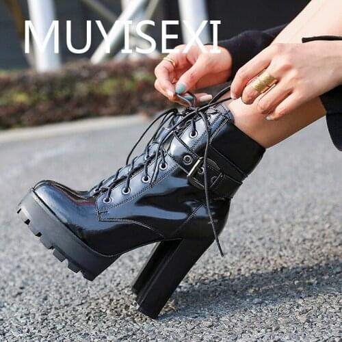 New platform 12cm super high heel fashion nightclub sexy dating party stretch pointed toe lace up zip ankle boots JGG14 MUYISEXI