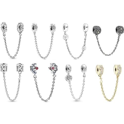 NEW 2020 100% 925 Sterling Silver Spring Daisy Flower Clear Safety Chain Charm Fit DIY Women Original Bracelet Jewelry Gift