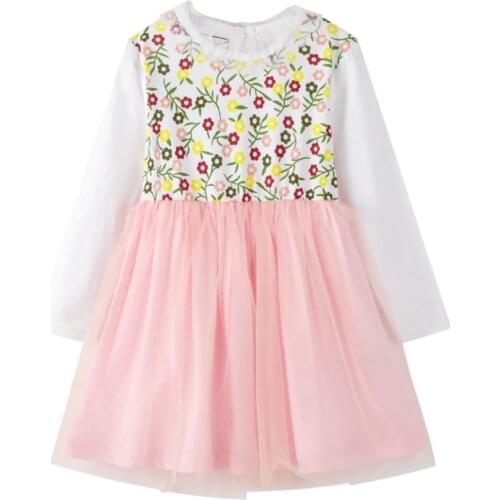 Autumn Spring Baby Cotton Flower Clothes Girls Long-sleeved Floral Mesh Iace Dress Kids Girl Dress