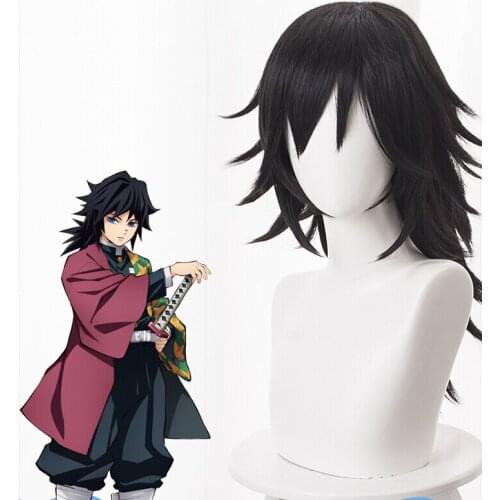 Demon Slayer Kimetsu no Yaiba Tomioka Giyuu Cosplay Wig 50cm Short Black Heat Resistant Synthetic Hair Halloween Cosplay Wig