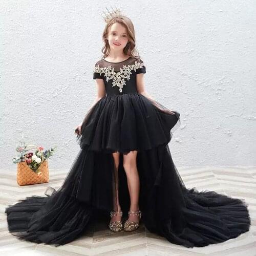 Flower Girl Dresses Illusion O-Neck Short Embroidery Princess Knee-Length Luxury Black Tulle Lace Elegant Kids Party Gown H473