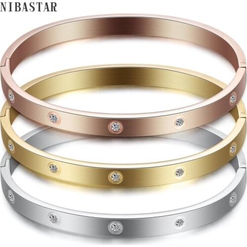 Luxury Fashion Brand 3 Colors 316L Stainless Steel Bangles With AAA Cubic Zirconia Wristband Bangle Women Party Gift