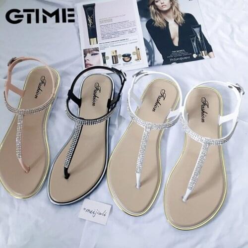 Womens Shoes Summer New Rhinestone Flat Shoes Clip T-type Strap Roman Shoes Low Flat Sandals Women Plastic Sandals Beach