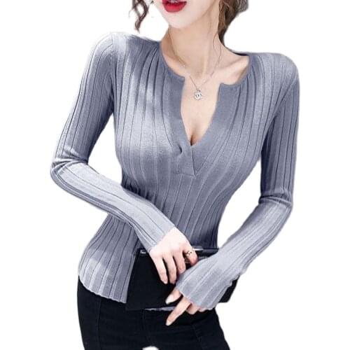Sexy knit top 2021 autumn and winter all-match v-neck repair body and mind machine knit T-shirt fashionable womens clothing