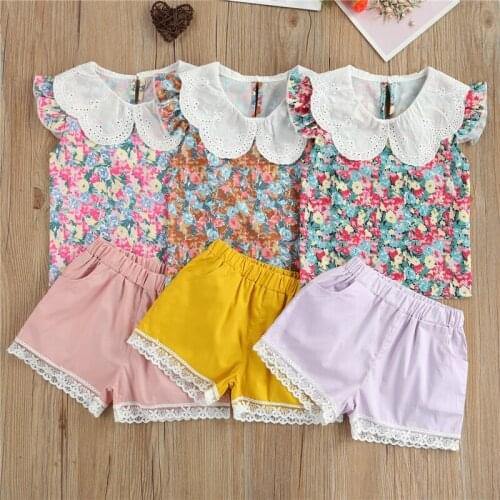 Cute Baby Girls Clothes Sets Flowers Printed Lace Peter Pan Collar T Shirts Shorts 2pcs Summer Outfits 1-5Y