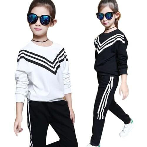 Girls Sports Suits Autumn fall Clothes Long Sleeve navy Sweatshirt +Pants Sets 2pcs For Girl black white Children Tracksuit
