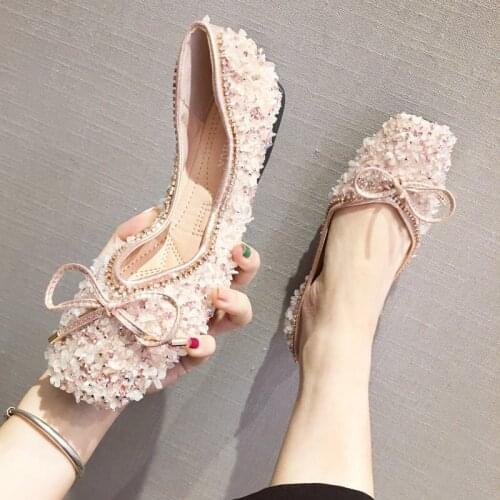Square head flat sole shoes flat with shallow mouth scoop shoes soft bottom sequins rhinestone bow scoop shoes tide