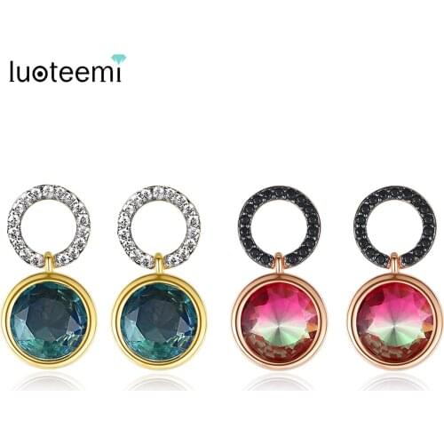 LUOTEEMI Vintage Round Green or Multicolor Crystal Drop Earrings for Women Wedding Party Double Color Fashion Jewelry Brincos