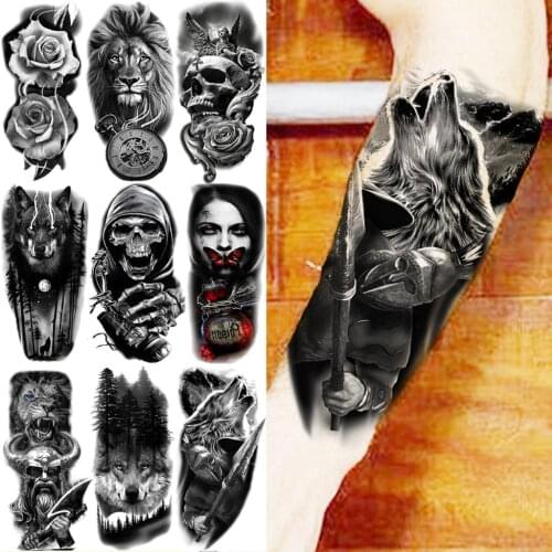 Black Wolf Temporary Tattoos For Men Adults Realistic Lion Skeleton Samurai Forest Flower Fake Tattoo Sticker Arm Tatoos Leg