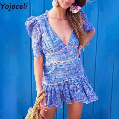Yojoceli Elegant ruffle v neck print short dress Beach summer women sexy vintage dress Casual cool female floral mini dress