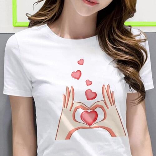 Women T-Shirt 2021 Summer New Cute Than heart gesture Printed Female T shirt Short Sleeve White Tshirt for Lady Casual Tops Tees