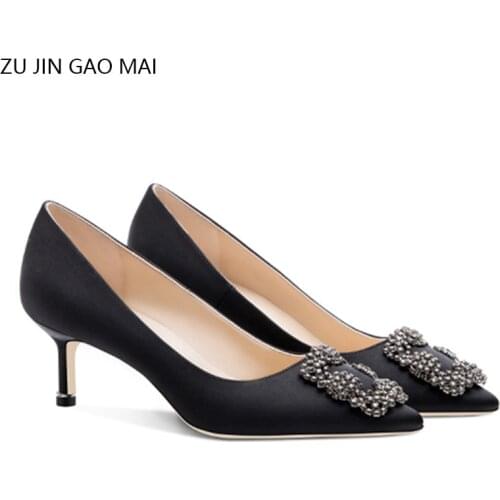 Black Rhinestones High Heels Shoes Woman Basic Pumps Satin Cloth Artificial Crystal Diamond Buckle Work Fashion Sexy Women Shoes