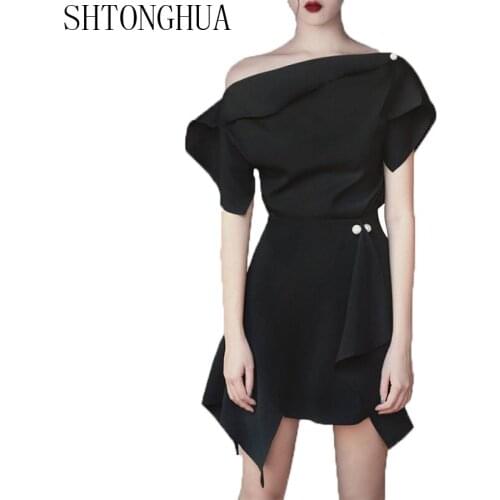 SHTONGHUA New 2019 Summer Women Runway 2PCS Set Sexy Fashion Black Ruffles Off Shoulder Shirt Tops + Beading Irreguls Skirts Set