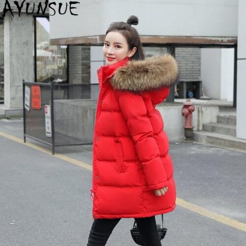 AYUNSUE 2020 Autumn Winter Womens Down Jacket Real Raccoon Fur Collar Thicken Red Female Coat Woman Wearcoat Abrigos Para Mujer