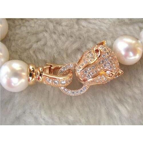 Women Gift word Jewelry Freshwater Pearl Necklace 9-10MM GENUINE WHITE AKOYA PEARL NECKLACE LEOPARD HEAD CLASP jewelry
