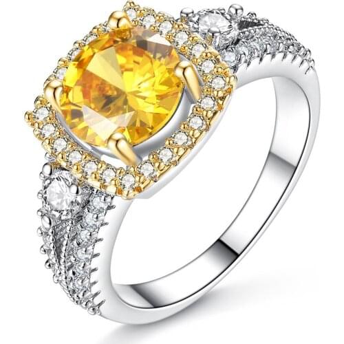 Silver Plated Ring Yellow Cubic Zirconia Jewelry for Women Crystal Bague Femme Fashion Engagement Ring As Love Gift T-R051