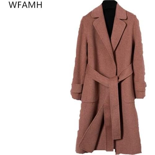 2021 spring and autumn new fashion casual lapel tie belt concealed buckle double-sided wool long coat women Polyester Solid Full