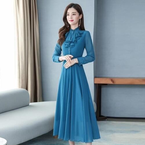 Plus Size Dress Elegant A-Line Stand collar Chiffon Party Dress Casual Long Sleeve New 2021 Womens spring