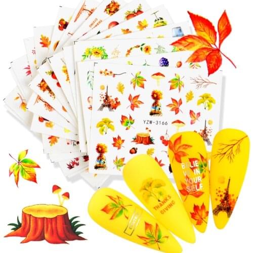 1pcs Fall Leaves Nail Art Stickers Gold Yellow Maple Leaf Water Decals Sliders Foil Autumn Design For Nail Manicure