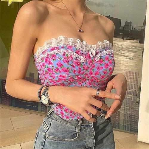 2021 New Women Tube Tank Tops Ladies Strapless Rose Floral Lace Corset Crop Tops Camis Casual Club Sexy Shirts Female