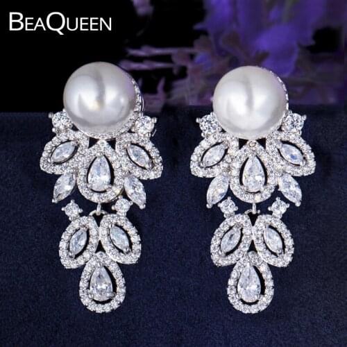 BeaQueen Exquisite Micro Pave AAA Cubic Zirconia Leaf Dangle Drop Big White Round Pearl Earrings Women Fashion Jewelry E120