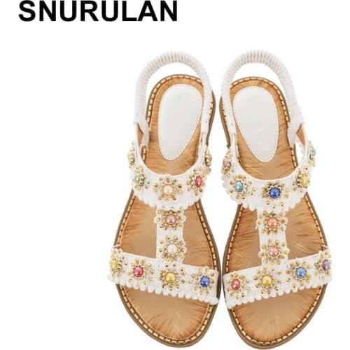SNURULAN Bohemian Casual Women Sandals 2019 Fashion Women Round Toe Crystal Flat Bottom Beach Shoes Women Summer Sandals