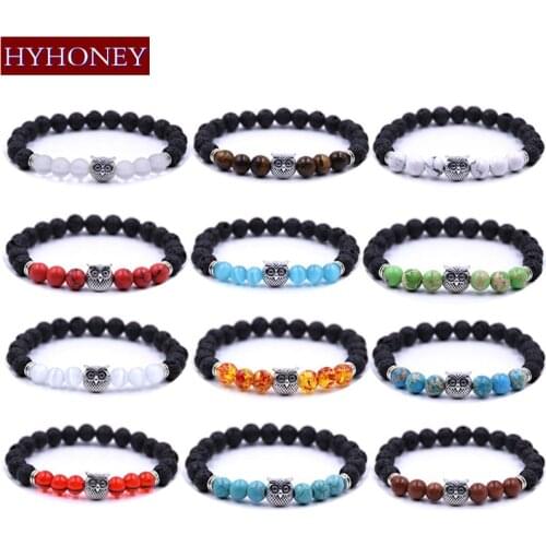 HYHONEY 12 colors Bracelet for women Antique Owl 8MM Lava Natural Stone bracelets & bangles yoga Jewelry Men Women bijoux