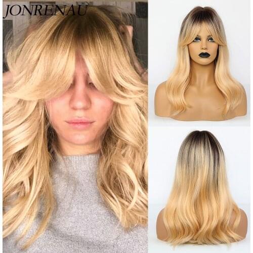 JONRENAU Long Ombre Dark Brown to Blonde Wavy Synthetic Wigs for Women Natural Curly Soft Hair Party Daily Use Cosplay Wig