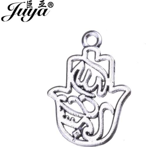 JUYA Ancient Silver Color Vintage Fatima Hamsa Hand Pendants 29x21mm 10pcs Lucky Hands Necklace Collares Accessories AO0467