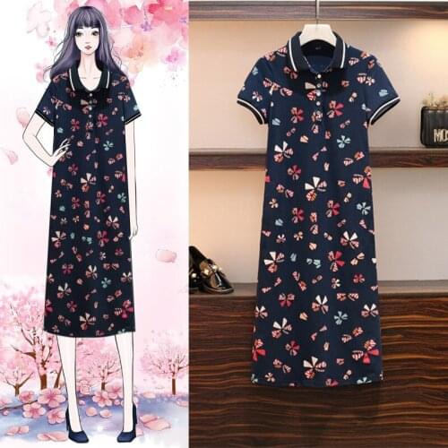 Summer Women Polo Dress Dot Printing Turn-down Collar Dresses Cotton Plus Size Long Tshirt dress Female Casual Clothes