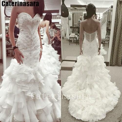 Ruffle Organza Trumpet Wedding Dress Rhinestones Beads Sweetheart Zipper Bridal Gown Custom Made